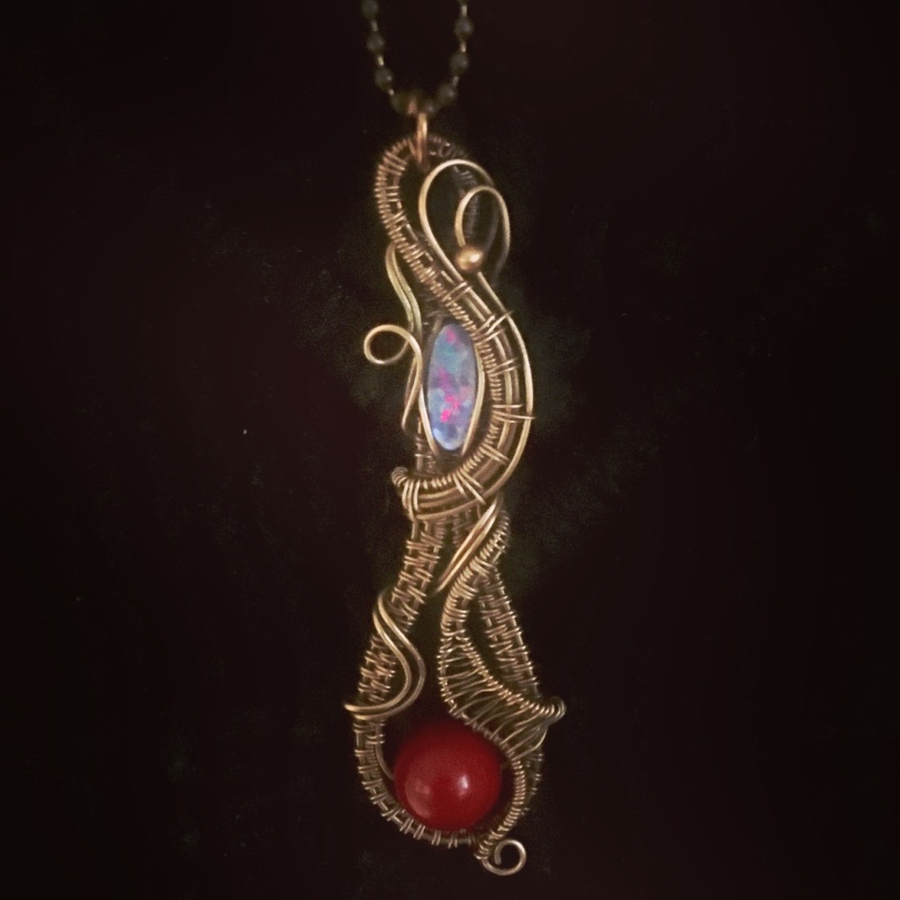 Red Carnelian And Opal Wire Weaved in Copper